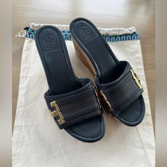 TORY BURCH Navy Leather Ines Cork Wedge Sandals - Gold Logo w/ shoe bag 9M - Picture 7 of 9